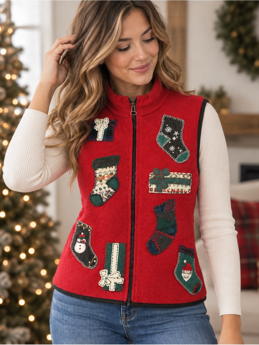 Woolrich Women’s Medium Red Christmas Holiday Zip Vest Stocking Appliqué